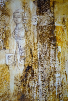 Gemälde in Mischtechnik  in goldenen und gelben Strukturen mit weiblichem Figur, ispiriert 
      durch indische Tempelfresken